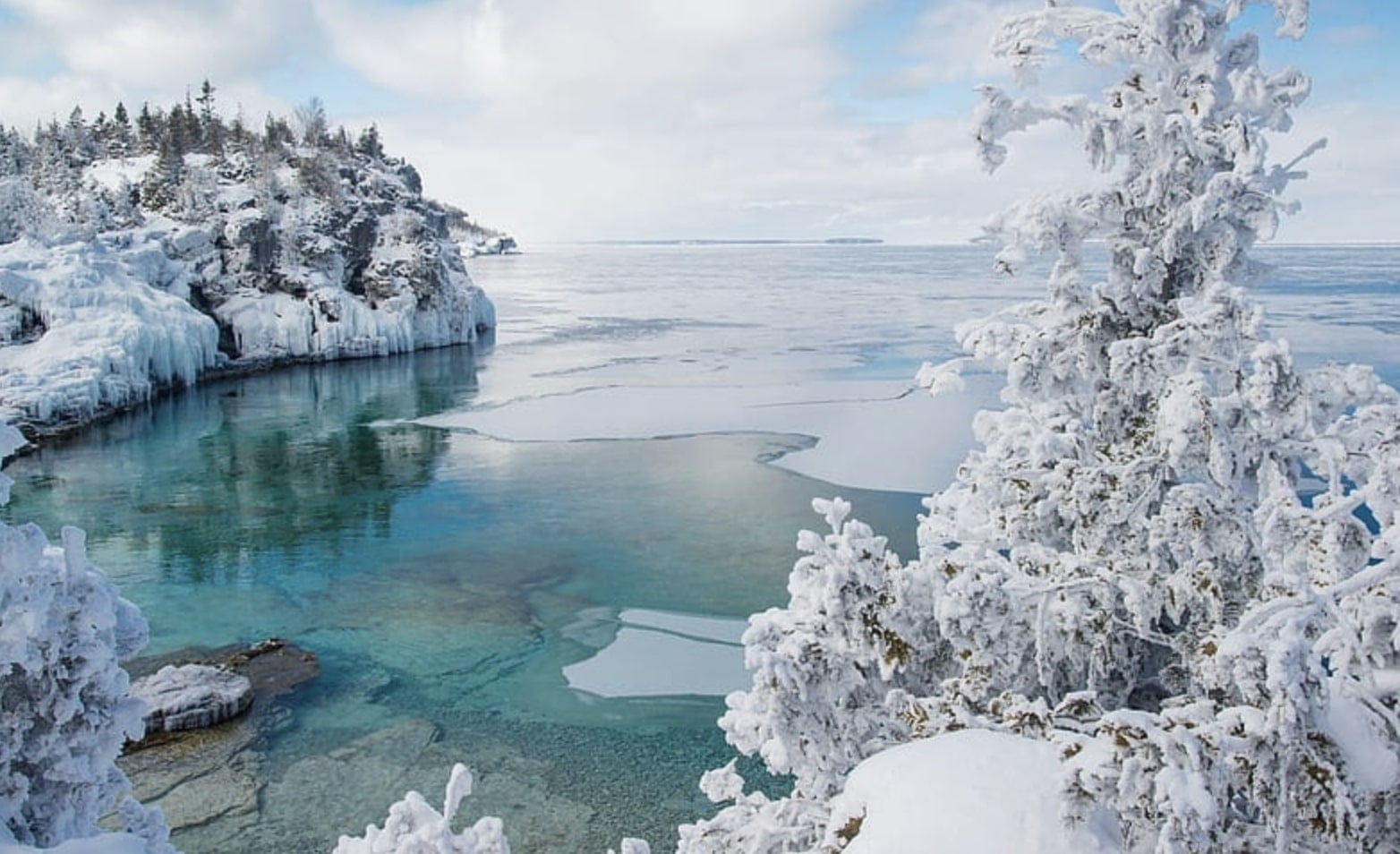 Winter landscape with icy water.